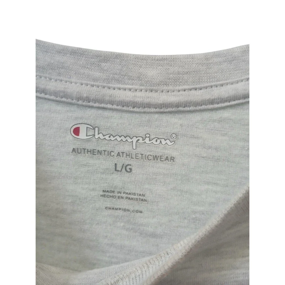 Champion Gray T Shirt Size L Pink Logo Casual Graphic Tee - Picture 4 of 5